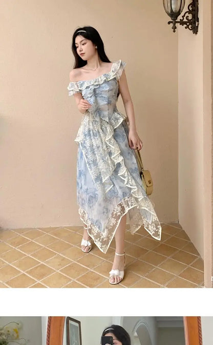 vmtvr Sweet Elegant Floral Strap Dress Women Ruffles Designer Korean Party Irregular Dress Female Autumn Vintage Sleeveless Dress