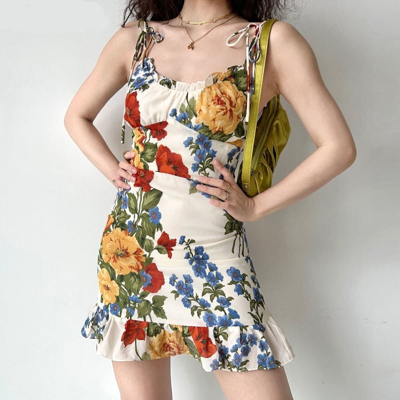 vmtvr - Flowers Sleeveless Mini Dresses for Women Summer Sexy Retro Vestidos De Mujer Ruffles A-line Slim Harajuku Korean Fashion