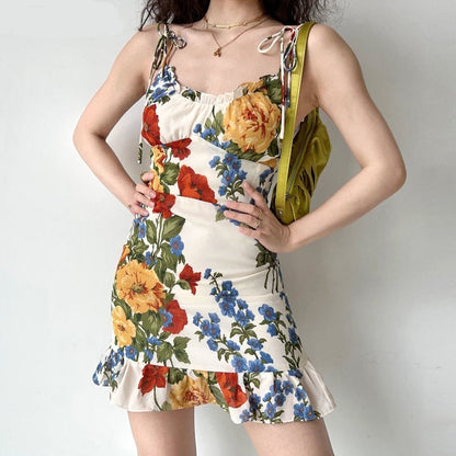 vmtvr - Flowers Sleeveless Mini Dresses for Women Summer Sexy Retro Vestidos De Mujer Ruffles A-line Slim Harajuku Korean Fashion