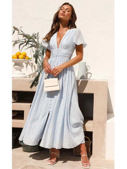 vmtvr  -  V-neck Yellow Puff Sleeve Split Solid Summer Women Dress A-line Maxi Long Sundress Vestido Button Beach Dress Party