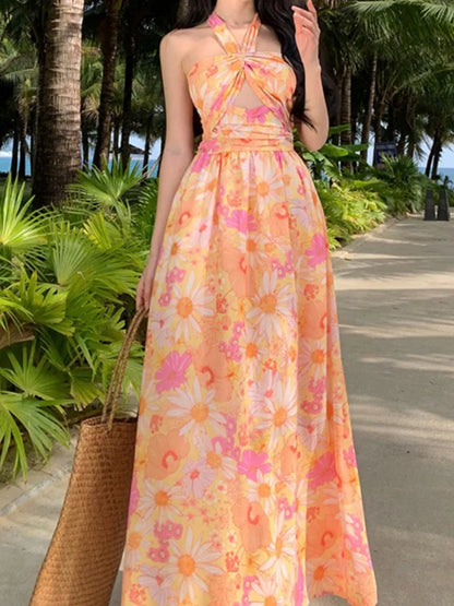 vmtvr Summer Elegant Casual Women Floral Dress Halter A-Line Beach Holiday Party Long Robe Female Vintage Boho Clothes Vestidos New