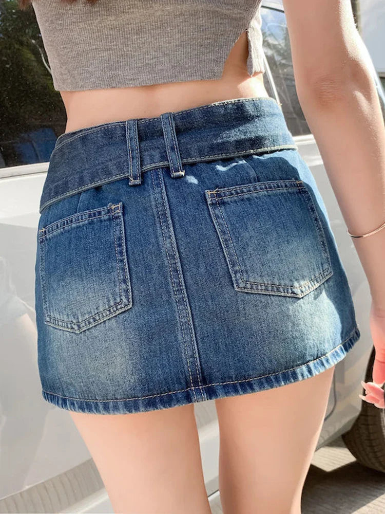 vmtvr Blue Women Denim Skirts High Waist Fashion Belt Lining Shorts A Line Y2K Jean Skirts Streetwear Summer Ladies Skirt New