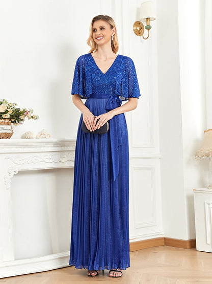 Royal Blue V Neck Backless Stretch Sequin Mermaid Maxi Dress Women Short Sleeves Evening Night Wedding Party Dresses