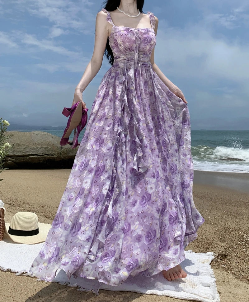 vmtvr  -  French Vintage Purple Print Long Dresses for Women Summer Sexy Backless Sleeveless Ruffles Beach Holiday Female Clothing