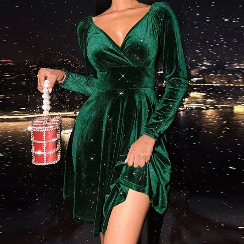 Sexy Club Party Women Dress New Fashion  Long Sleeve Bodycon Dress V-Neck Ruched Midi Dresses For Women Winter