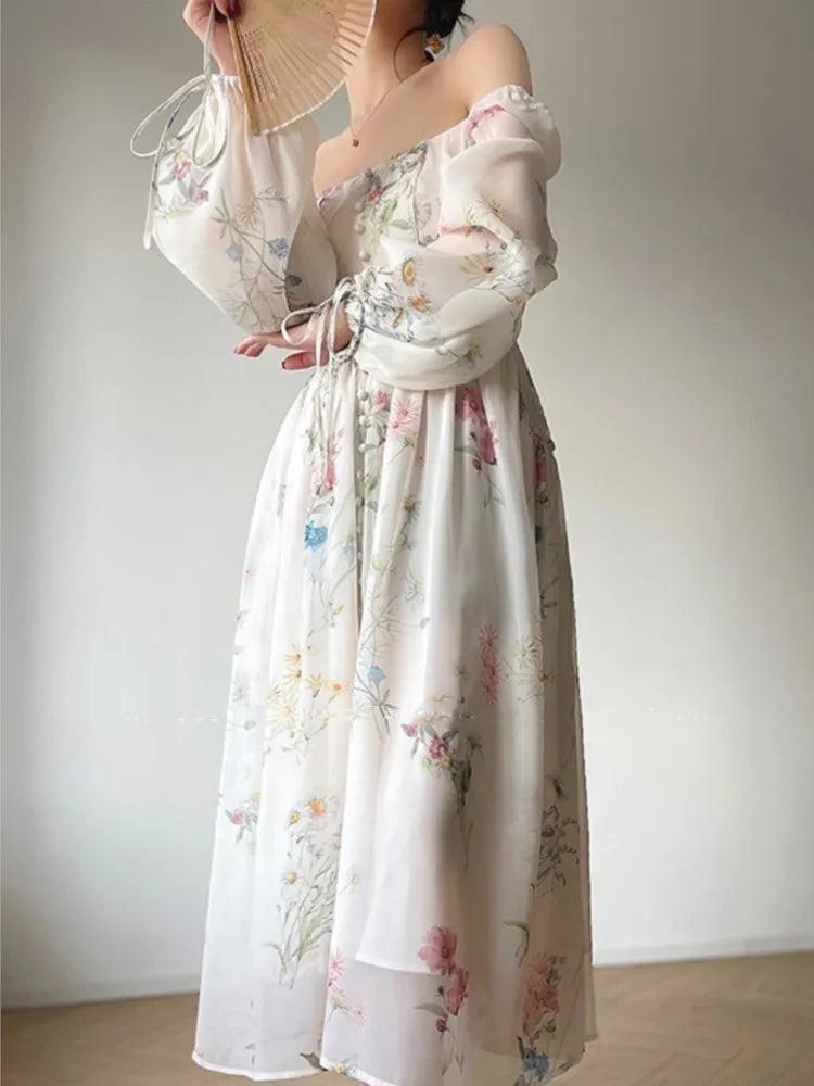 vmtvr French Vinatge Evening Party Long Dresses for Women Floral A-line Princess Dress Lantern Sleeve Spring Summer Prom Robe Vestidos