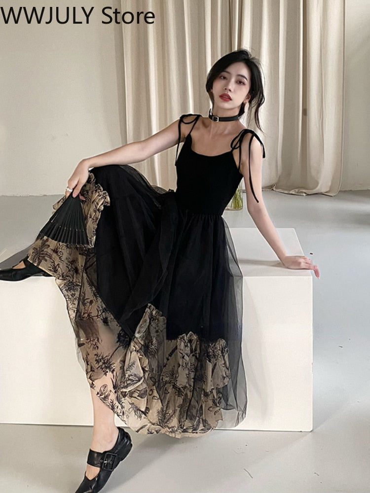 vmtvr - French Vintage Black Strap Dress Gothic Casual Summer Sleeveless Sexy Retro Midi Dress Slim Korean Style Party Dress Woman