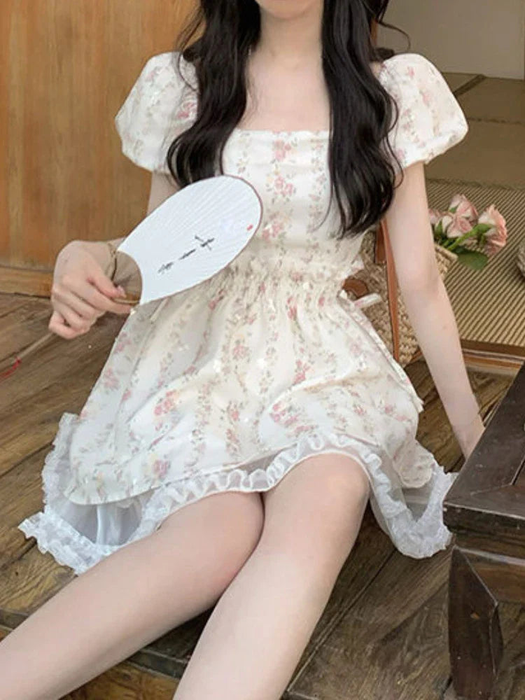 vmtvr Summer Floral Sweet Mini Dress Women Square Collar Elegant Party Dress Style Office Lady One Piece Dress Korean Fashion