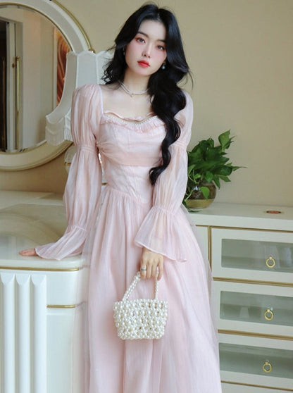 vmtvr Elegant Evening Party Midi Dress Women Bubble Sleeve French Vintage Sweet Dress Female Pink Korean Style Fairy Dress Autumn