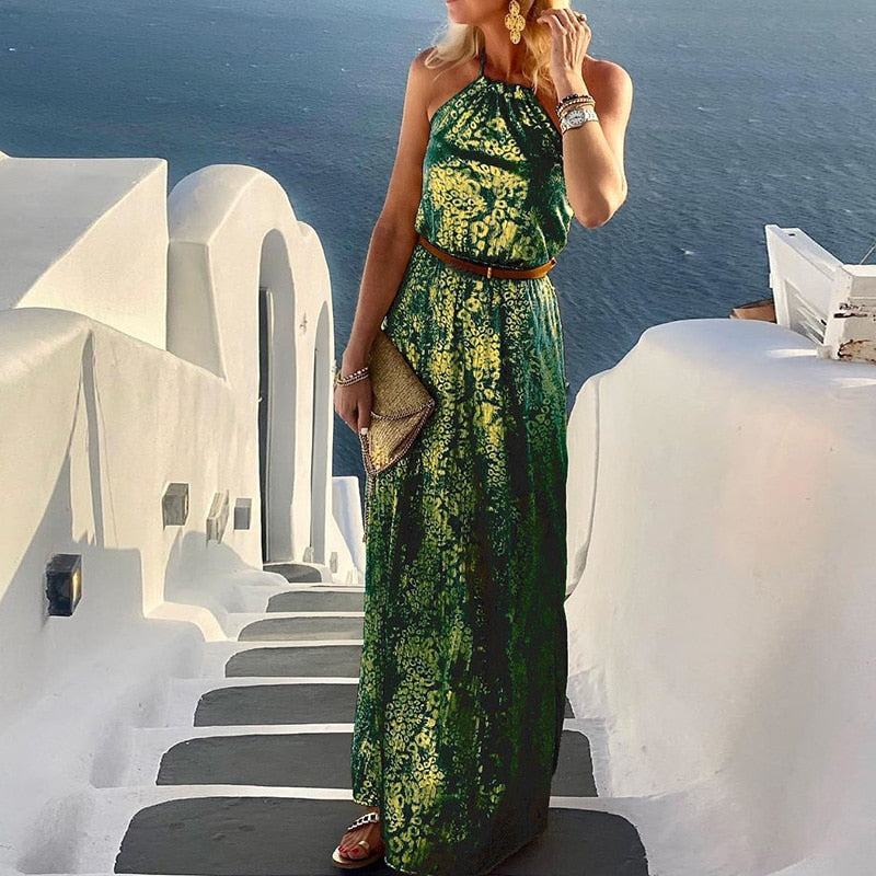 Spring Summer Neck-Mounted Maxi Dress Chic Lady Sleeveless Patchwork Print Dress Women Backless Halter Party Beach Dress Vestido