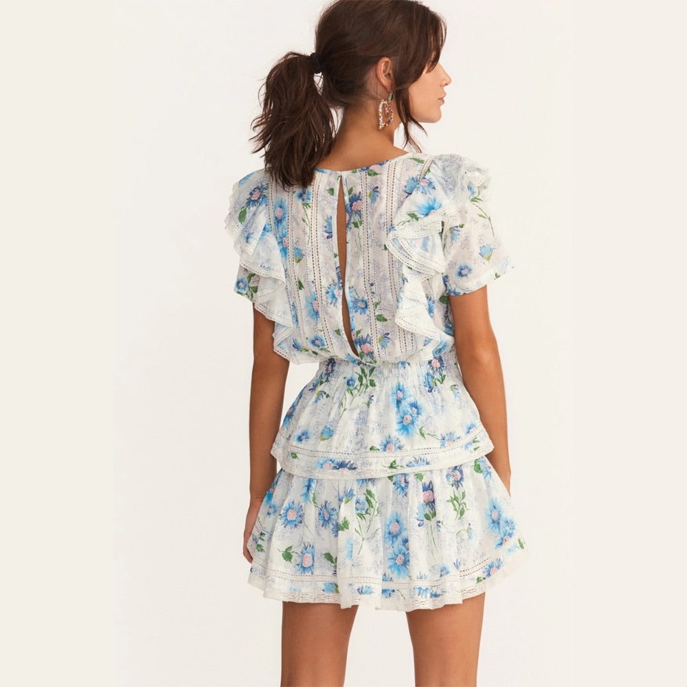 vmtvr New Arrival Summer Short Sleeve Natasha Mini Dress Women Ruffled A-line Dress Blue Print