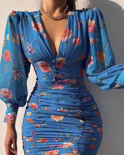 Y2K Sexy Puff Lantern Sleeve Plunge Floral Print Ruched Bodycon Party Mini Vestidos De Mujer Casual Dress Women Clothes Female