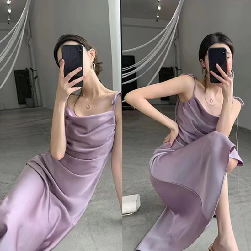 vmtvr Korean Purple Satin Midi Dress Women Fashion Folds Spaghetti Strap Dress Woman Elegant Summer Waist-Tight Party Dresses