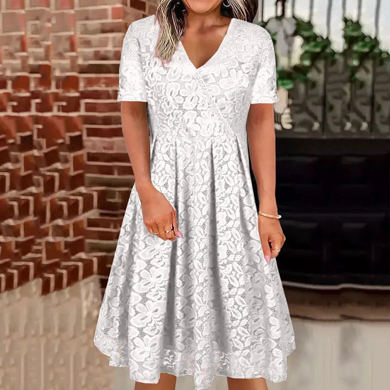 vmtvr Summer Fashion Pleat Solid Party Dress Women Casual Short Sleeve Loose A-Line Dress Elegant Lace Embroidery Vacation Dress