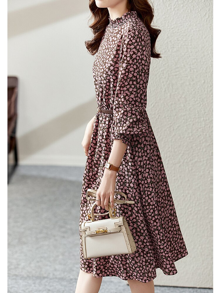 vmtvr - Floral Printed Midi Dress for Women  Spring Autumn Fashion Ruffled Collar Long Sleeve Belted Vintage Elegant Dresses