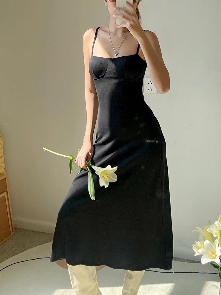 vmtvr Elegant Summer Spaghetti Strap Black Midi Dress Solid Fashion A-Line Casual Women's Dresses Beach Holidays Sundress