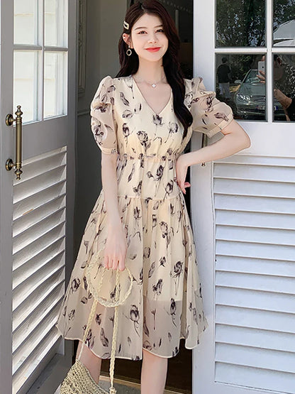 vmtvr 2024 New Green Floral Chiffon Puff Sleeve Midi Dress Summer Boho Elegant Bodycon Dress Women Korean Vintage Cheap Casual Dresses