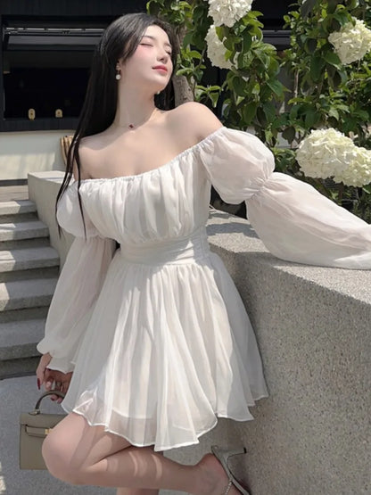 vmtvr Y2K Princess Party Mini Dress Women Summer New Off Shoulder Lantern Sleeves New High Waist A-line Slm Short Vestidos Mujer