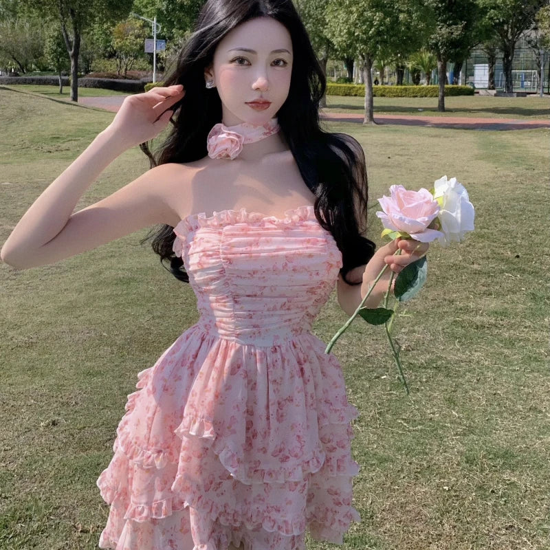 vmtvr Casual Floral Sexy Dress Women Summer Pink Sleeveless Patchwork Mini Dresses Female Elegant Party Holiday Slim Korean Dress