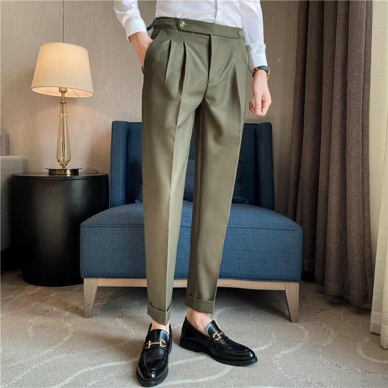 jiaabc British Style Men High Waist Casual Business Dress Pants Streetwear New Fashion Social Belt Decoration Slim Fit Suit Pants