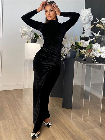 vmtvr - Sexy Bodycon Maxi Velvet Dress Women Birthday Party Dress Turtleneck Zip Up Long Sleeves Black Dress