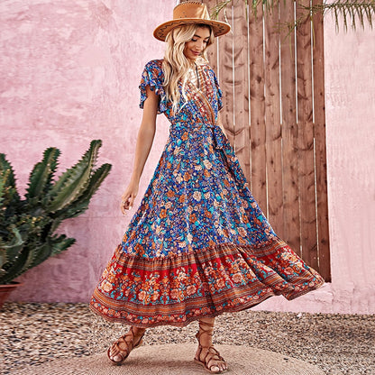 Summer Beach Floral Print Dress for Women Bohemian Elegant Ladies V-neck Short Sleeve Female Robe Boho Hippie Maxi Dresses