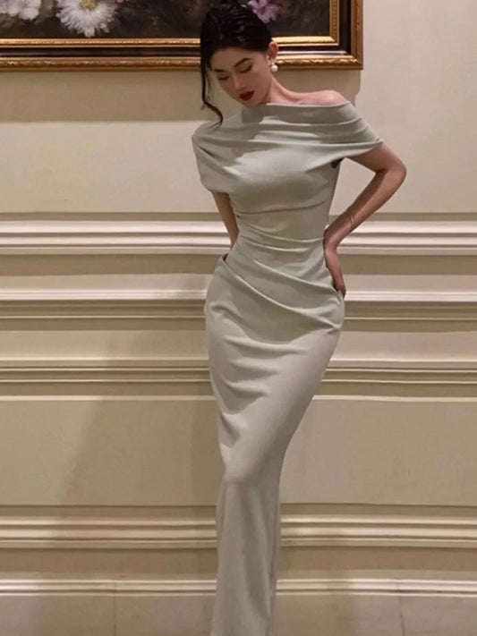 vmtvr Elegant Off Shoulder Evening Party Dresses for Women Summer New Fashion Slim Solid Vestidos Korean Prom Robe Female Clothing