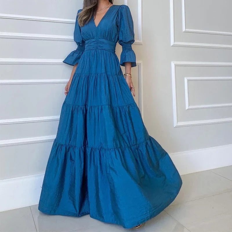 vmtvr Summer Slim A-Line Pleated Temperament Women Dress Fashion V-Neck Puff Sleeve Hollow Long Dress Elegant High Waist Party Dresses