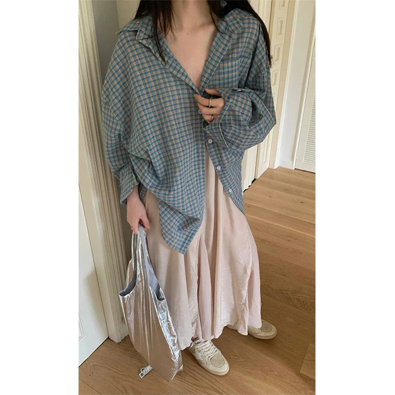 vmtvr Harajuku Plaid Sun Proof Shirts Women Streetwear Oversized Long Sleeve Blouses Summer Korean Fashion Loose Sun Protection Tops