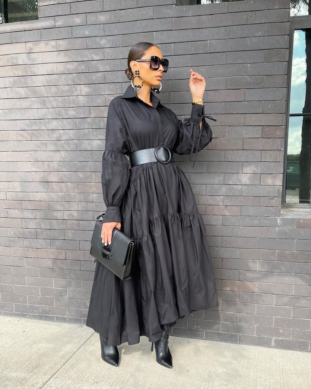 Spring Turn Down Collar Long Shirt Maxi Dress Casual Elegant Puff Sleeve Vintage Vestidos with Belt Black White Robe