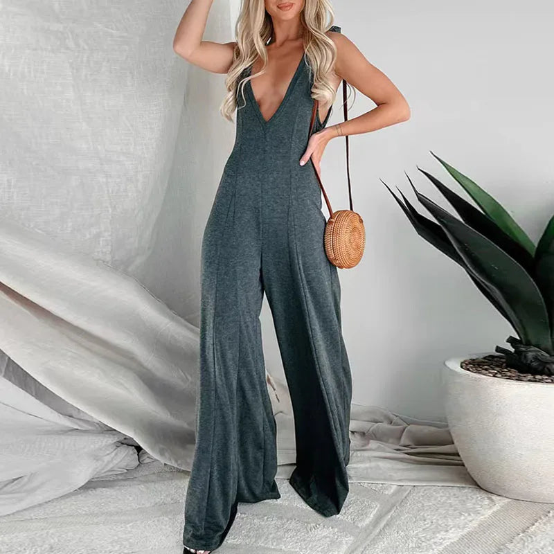 vmtvr Women Vintage Solid Holiday Jumpsuits 2024 Spring Sexy Deep V-neck Hollow Playsuit Romper Summer Sleeveless Tank Office Overalls