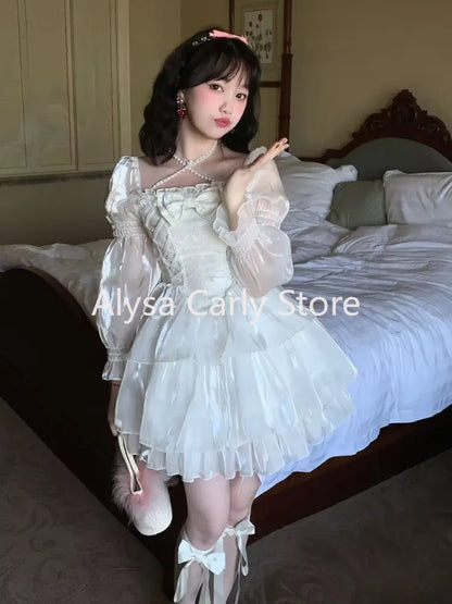 Japanese Sweet Fairy Lolita Dress Women White Mesh Elegant Princess Dress Female Bow Casual Evening Party Dress Summer 2024 Slim