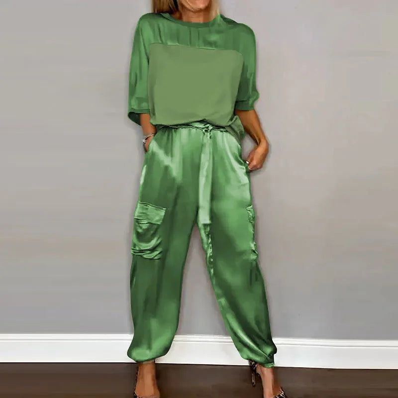 vmtvr 2024 Spring Summer Smooth Satin 2pcs Sets Women O Neck Half Sleeve Top & Tie-up Pants Outfits Casual Patchwork Loose Female Suit