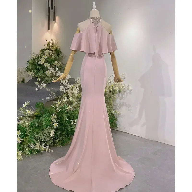 vmtvr  - Candy-colored Mermaid Satin ruffled crew-neck Crystal embellished off-the-shoulder Evening dress Banquet Party Formal occasion