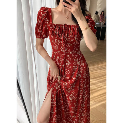 vmtvr Women's Vintage Slim Split Maxi Dress Floral Casual Red Dress Female Fashion Korean Chic Boho Beach Party Spring Summer New