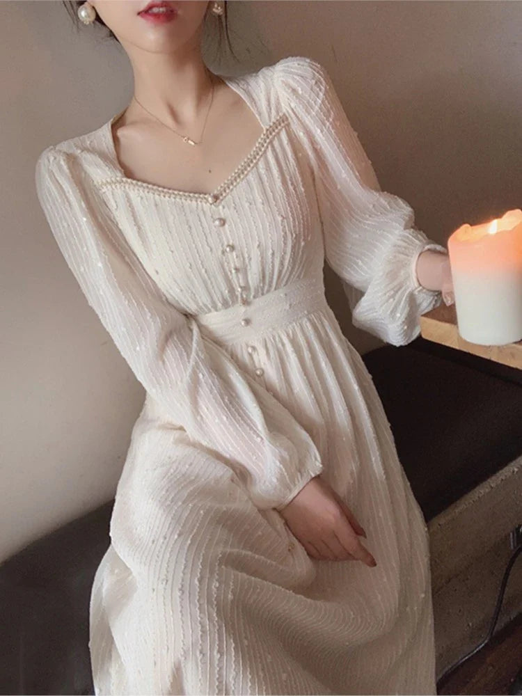 vmtvr 2024 Summer New Women Fashion Elegant White Midi Dresses Vintage Princess Female Party A Line Clothes Prom Robe Vestdios