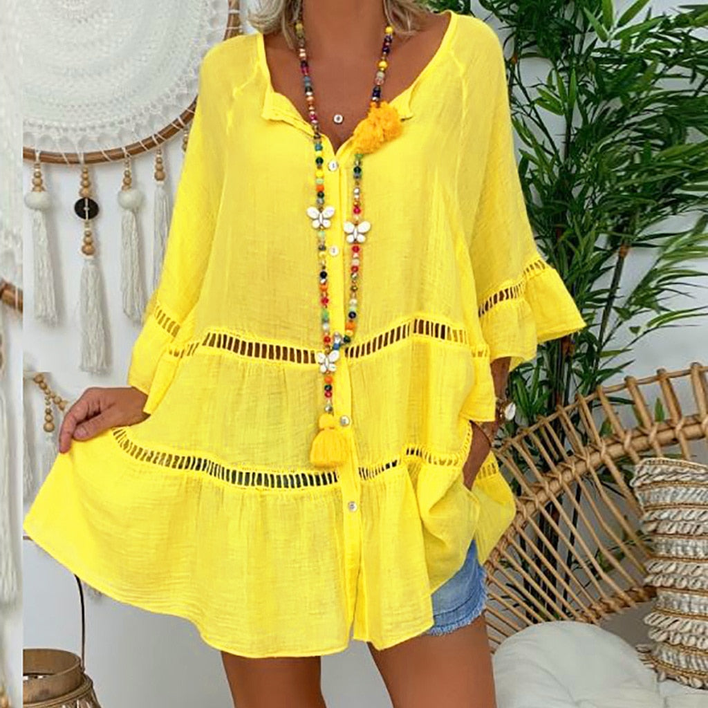 Yellow Summer Fall Cotton Linen Dresses for Women 3/4 Sleeve V-neck Loose Button Up Dress Hollow Large Size Shirt Dress Maxi