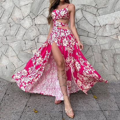 Women Maxi Dress Summer Casual Suspender Sleeveless Print Hollow Out Slit Beach Dresses High Streetwear