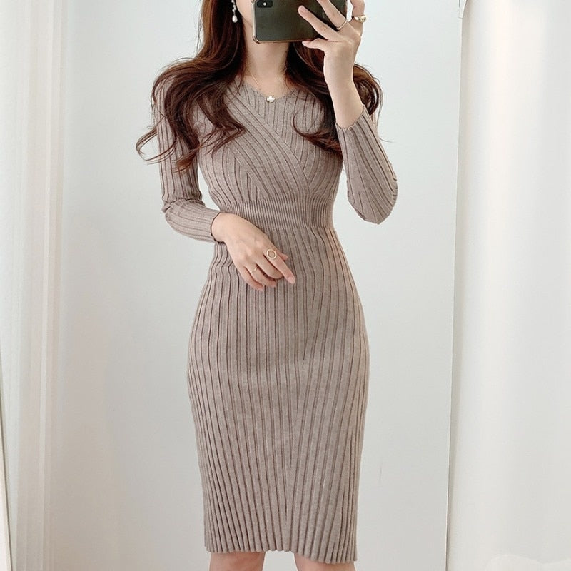 Vintage Long Sleeve Knitted Dresses for Women Party Robe Female Autumn Retro V-neck Bodycon Dress Korean Slim Waist Vestido