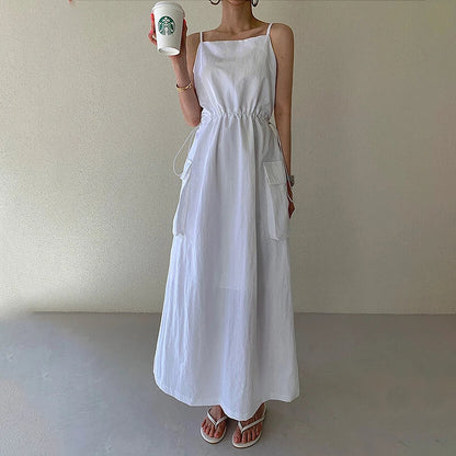 vmtvr  -  New Spaghetti Strap Long Dress Women Vintage Solid Drawstring Party Dress Summer Holiday Outfit