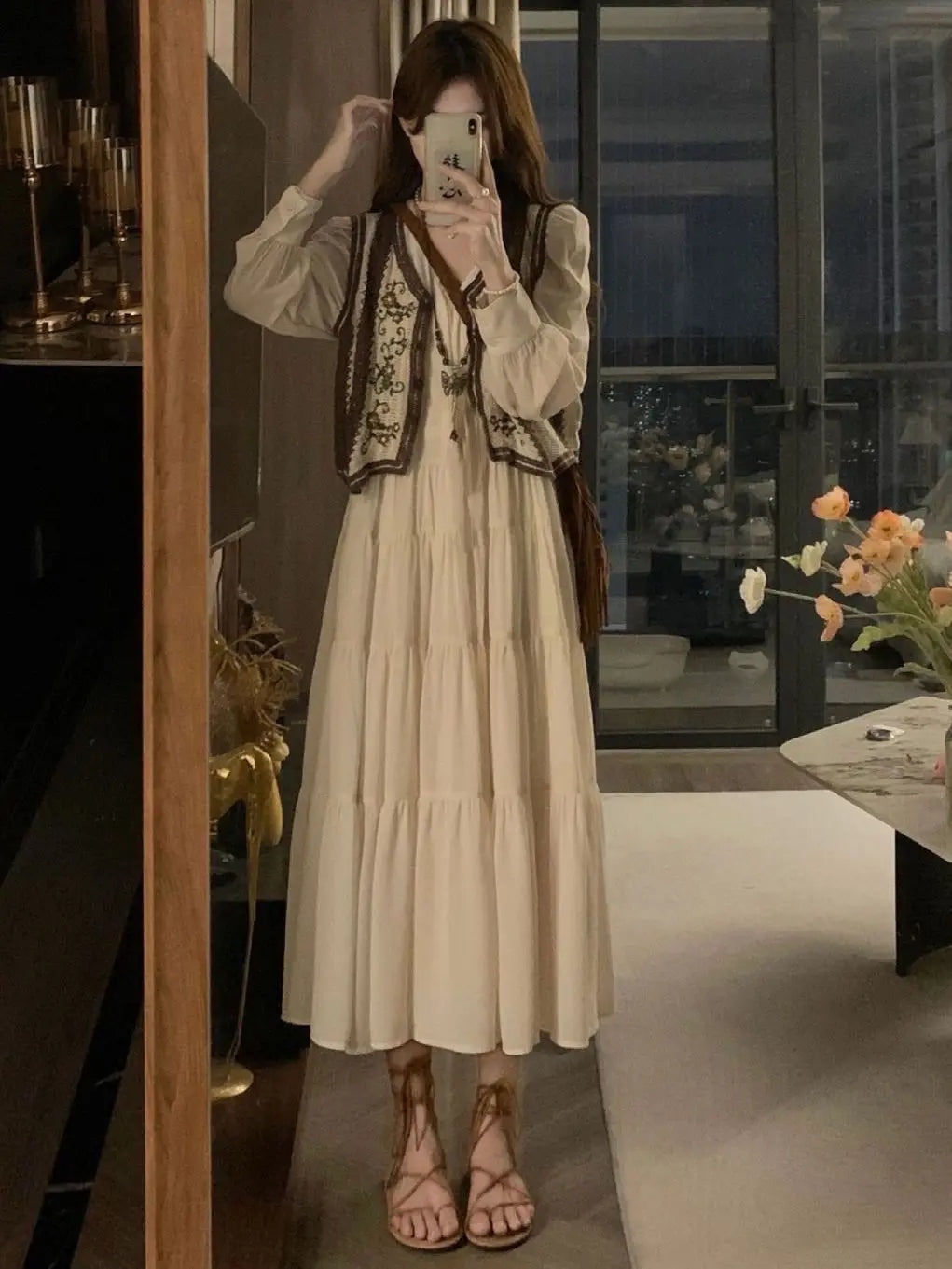 Bohemia Solid Long Sleeve Dress Embroidery Knitted Vest Women Spring Autumn Vintage Casual Simply 2PCS  Chic Long Dress Set