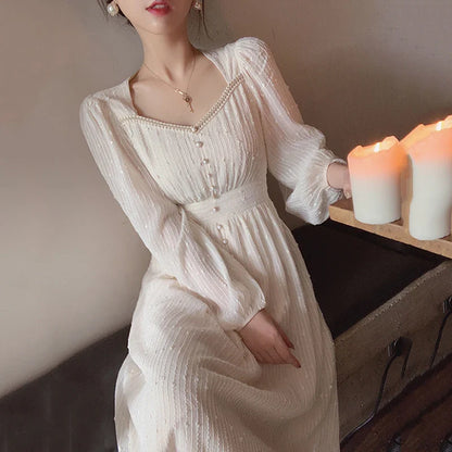 vmtvr  -  French Vintage White Midi Dresses Women Summer New Fashion Elegant Princess A-Line Clothes Long Sleeves Party Ladies Dress