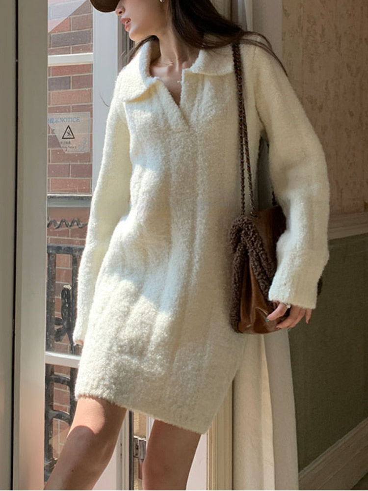 White Warm Knitted Mini Dress Women Long Sleeve Elegant Vintage Dress Female Casual Korean Fashion Loose Y2K Sweater Dress 2023