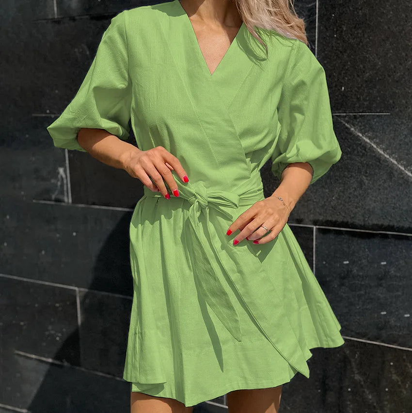 vmtvr 2024 Spring Sexy V-neck Lace-up A-Line Dress Women Casual Puff 3/4 Sleeve Solid Mini Dress Summer Elegant Pleated Party Dresses