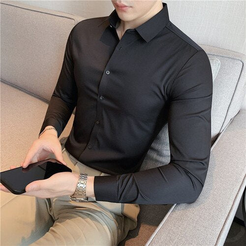 New High Elasticity Seamless Men's Shirt Long Sleeve Slim Casual Shirt Solid Color Business Formal Dress Party Shirts 4XL-M