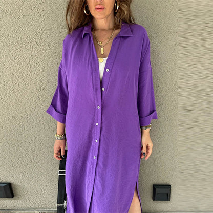 vmtvr  -  Spring Casual Solid Lazy Long Shirt Dress Women Single Breasted Split A-Line Party Dress New Autumn Long Sleeve Lady Party Dress