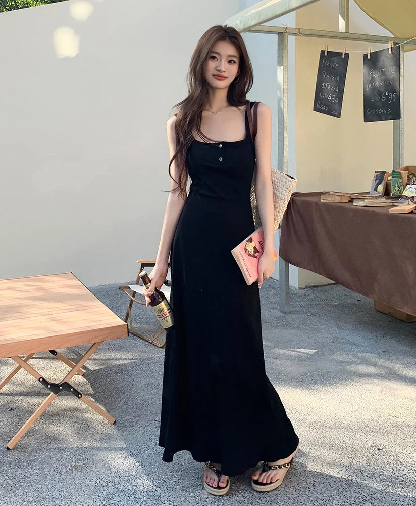 vmtvr Korean Version of Summer New Suspender Sundress Female Button Design Temperament Senior Sense Long Dress