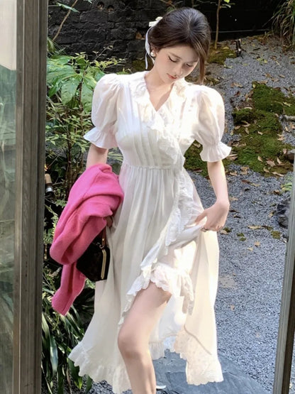 vmtvr Vintage Women Puff Sleeve Midi Dress Summer New V Neck Vestidos Maxi Dresses Elegant A-line Lady Fashion Lace Up Mujers