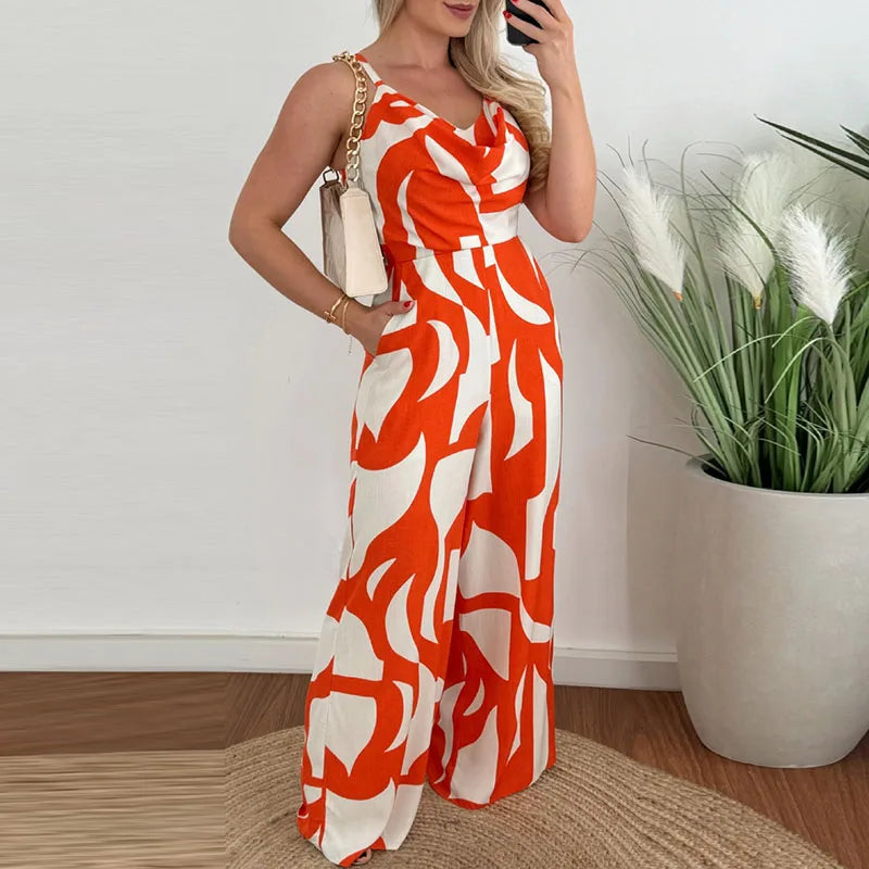 vmtvr Elegant Temperament Printed Long Pants Jumpsuit Women's Casual Pocket High Waist Romper New Summer Fashion V-Neck Slim Playsuits