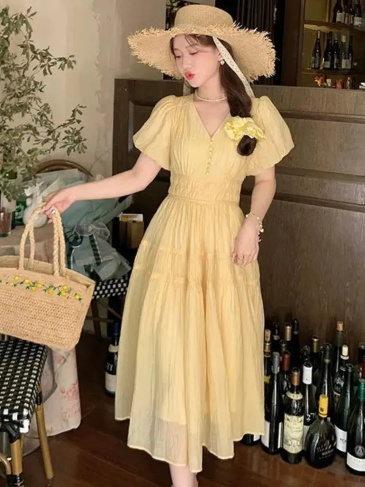 vmtvr Women Dress French Puff Sleeve Vintage V-neck Yellow Vestidos A-line Female Robe Summer Elegant Slim Waist Lady Chic Clothing